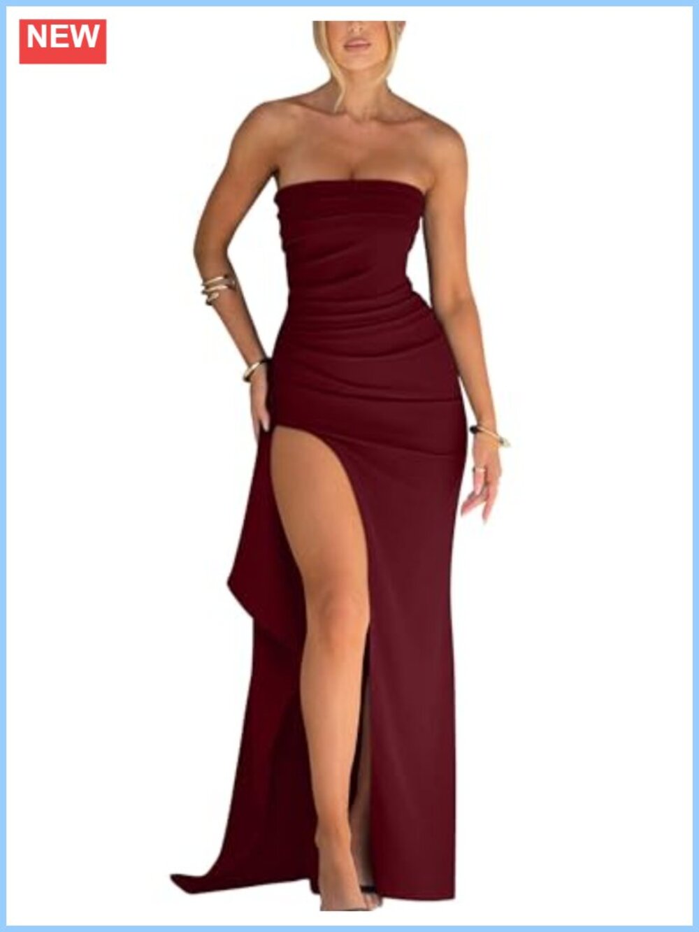 YMDUCH Women's Strapless Bodycon Ruched Split Long Evening Formal Dress